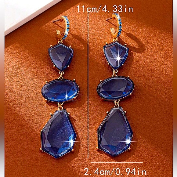 Gold Plated Blue Crystal Dangle Earrings – Exaggerated Geometric Statement Style - Picture 5 of 5
